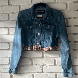 Calvin Klein Jeans Blue Denim Cropped Jacket with Brown Plaid Ruffle - upcycle